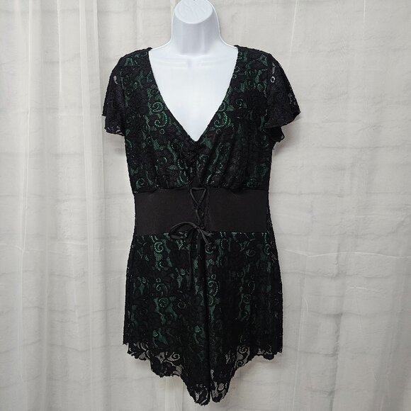 Vintage Black Green Y2k Corset Dress Lace Mini Goth Punk Whimsigoth Tunic 1X - Picture 11 of 11